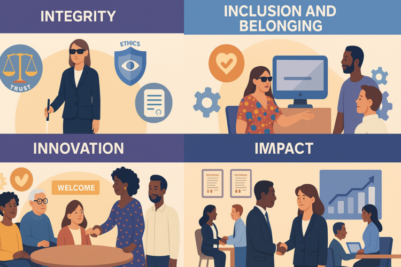 Illustrative cartoon of the four values of C4i Solutions: Integrity, Inclusion and Belonging, Innovation and Impact